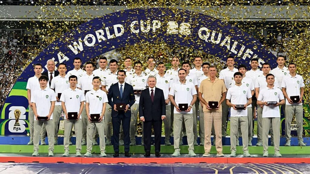 President Mirziyoyev felicitating the national team squad for World Cup qualification